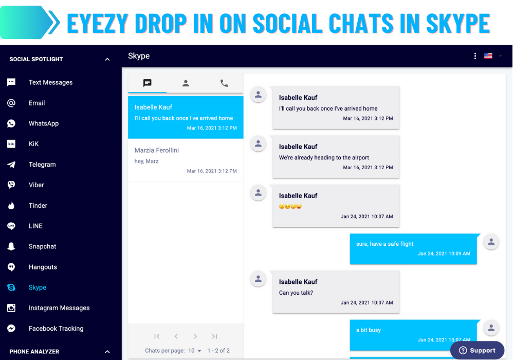 Bate-papos sociais do Eyezy em Skype