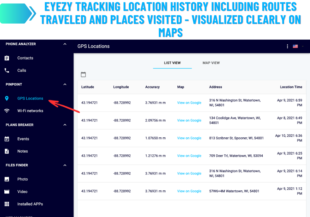 Histórico de localização de rastreamento do Eyezy