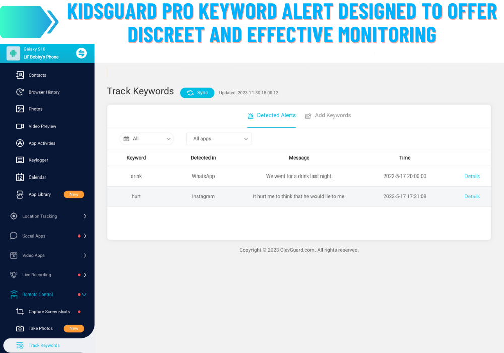Kidsguard Pro Schlüsselwort-Alarm