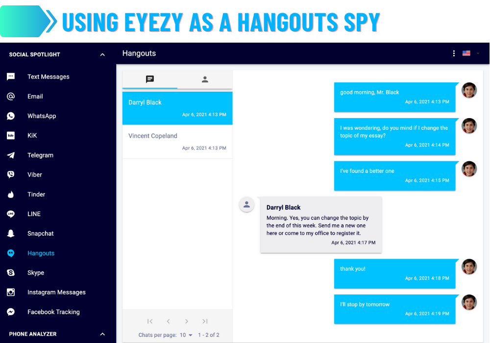 Usando o Eyezy como um espião Hangouts