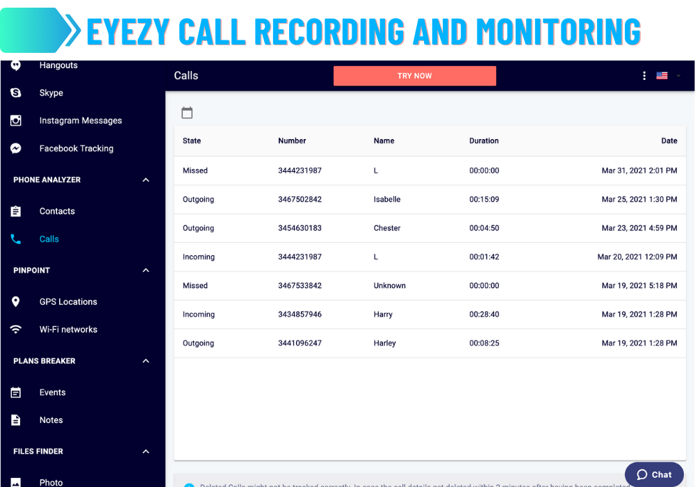 Gravação de chamadas do eyeZy