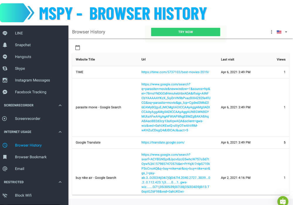 mSpy - Historial del navegador