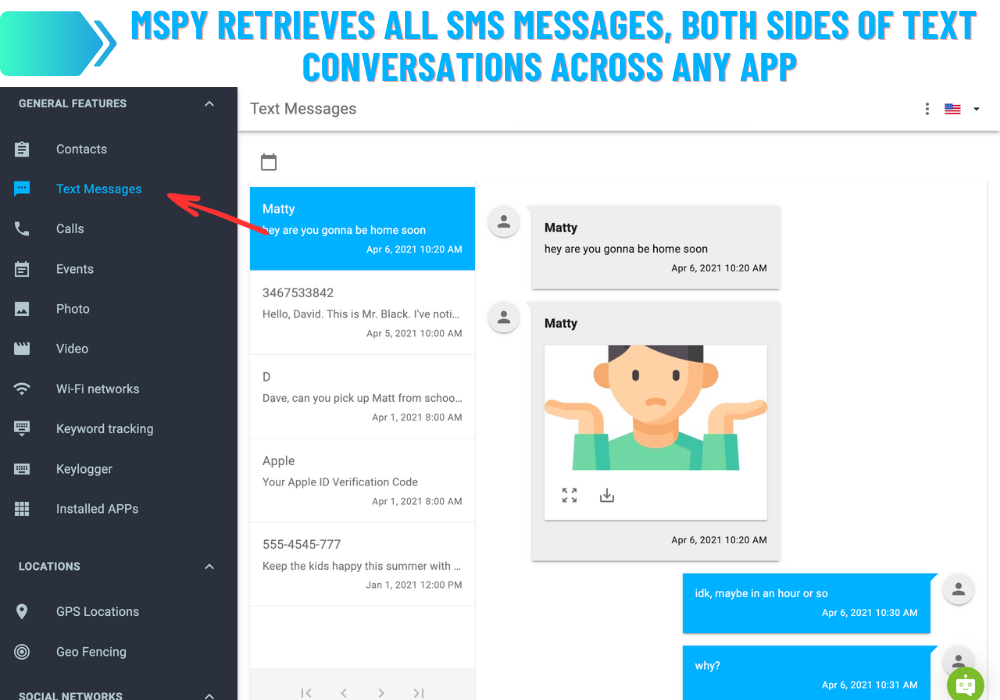 mSpy Monitorar todas as mensagens SMS