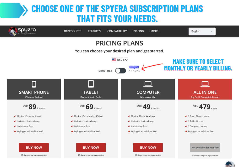Choisissez l'un des plans d'abonnement Spyera