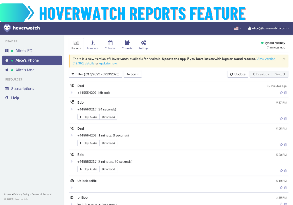 Caractéristiques du Hoverwatch - Rapports