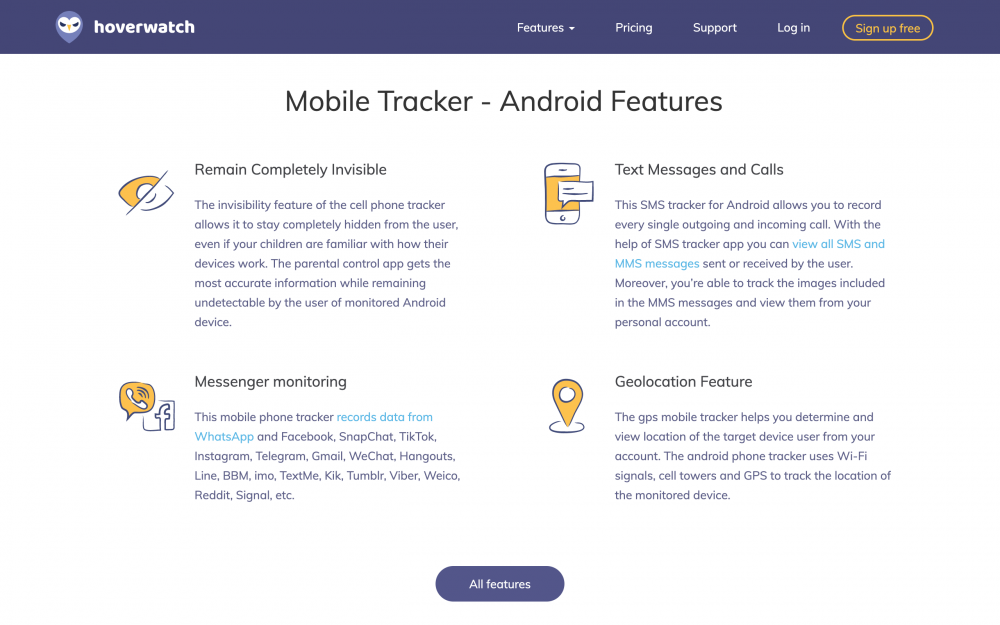Caractéristiques du traceur mobile Howervatch - Android