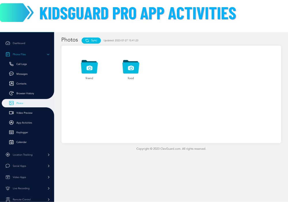 Attività dell'app KidsGuard PRO