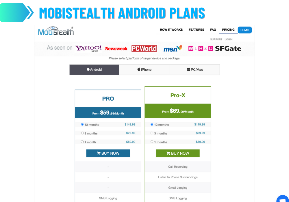MobiStealth Android Suunnitelmat