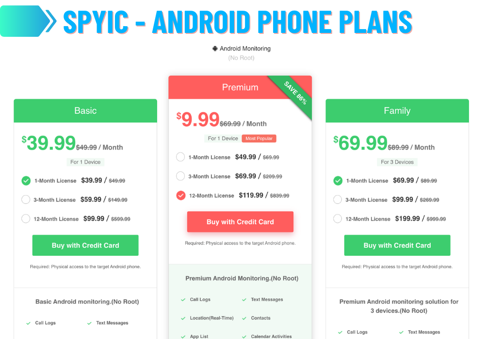 Spyic - Android Telefoonplannen