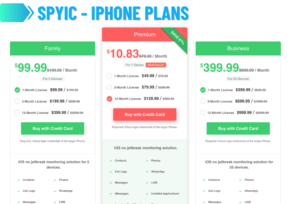 Spyic - iPhone-Pläne