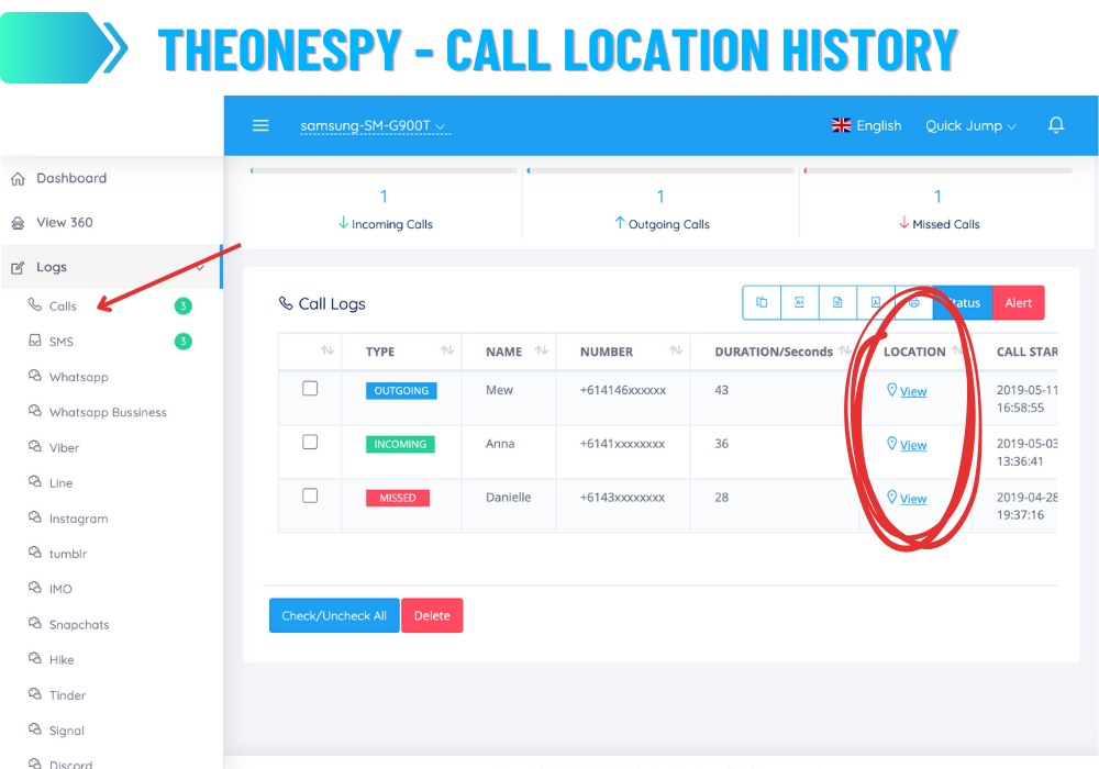 TheOneSpy - Historique de la localisation des appels