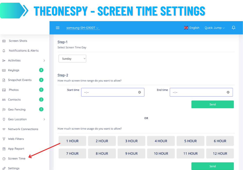 TheOneSpy - Configuración del tiempo de pantalla