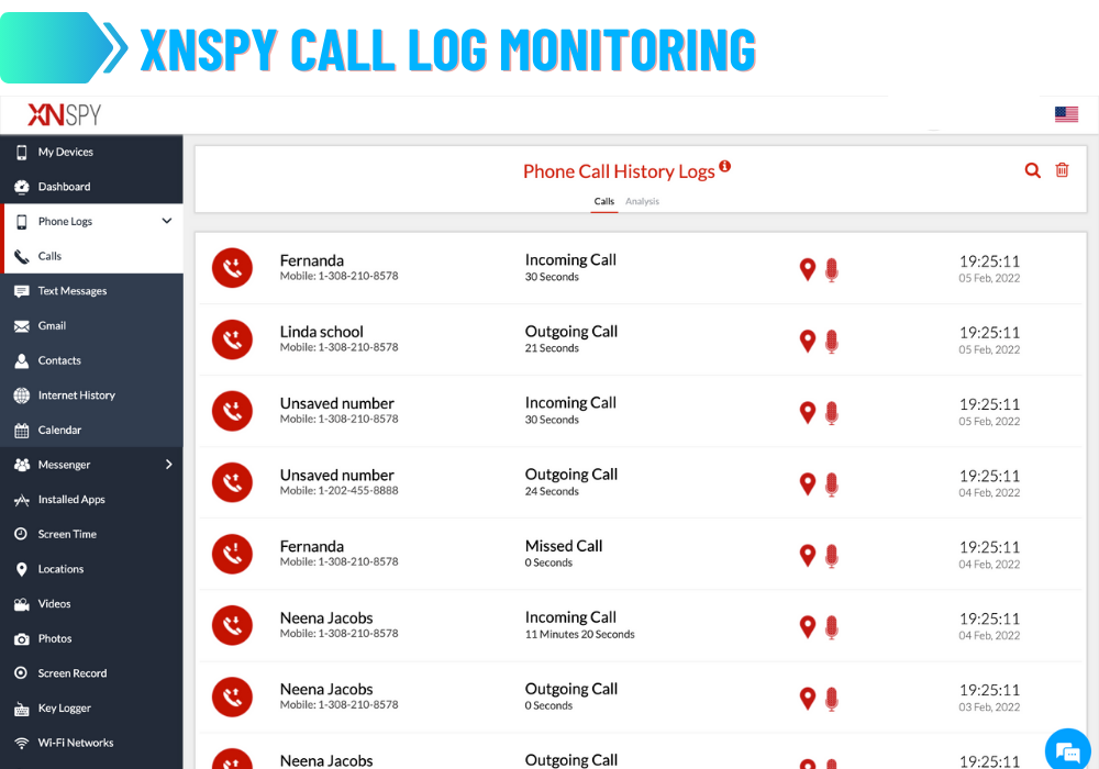 Monitoramento do registro de chamadas do XNSPY