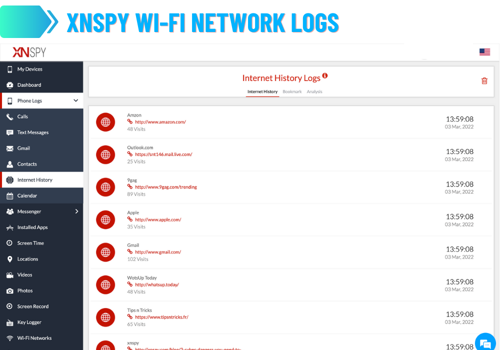 Registros de rede Wi-Fi do XNSPY