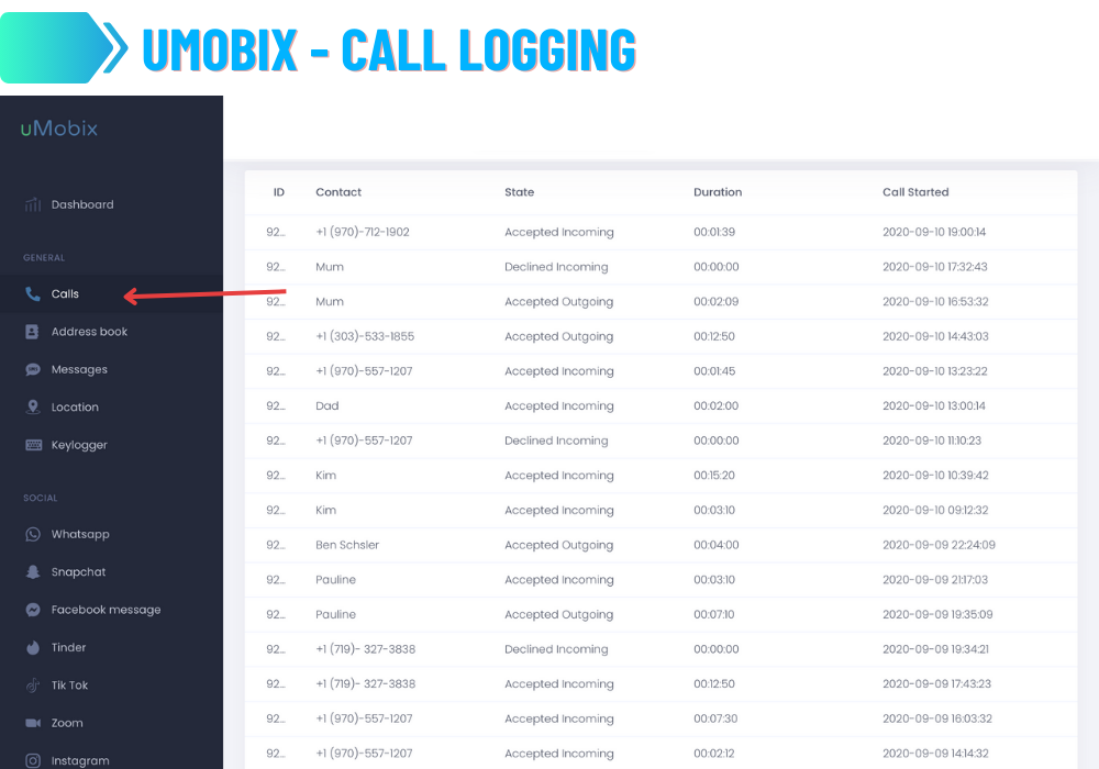 Registro de chamadas do uMobix