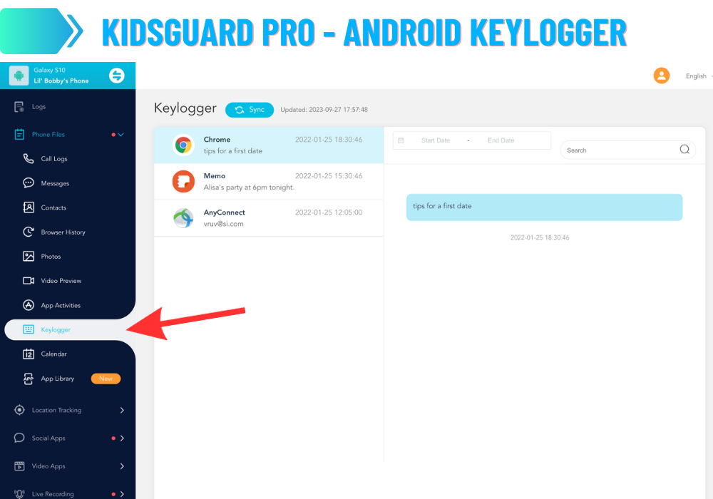 KidsGuard Pro - Android Registrador de teclas