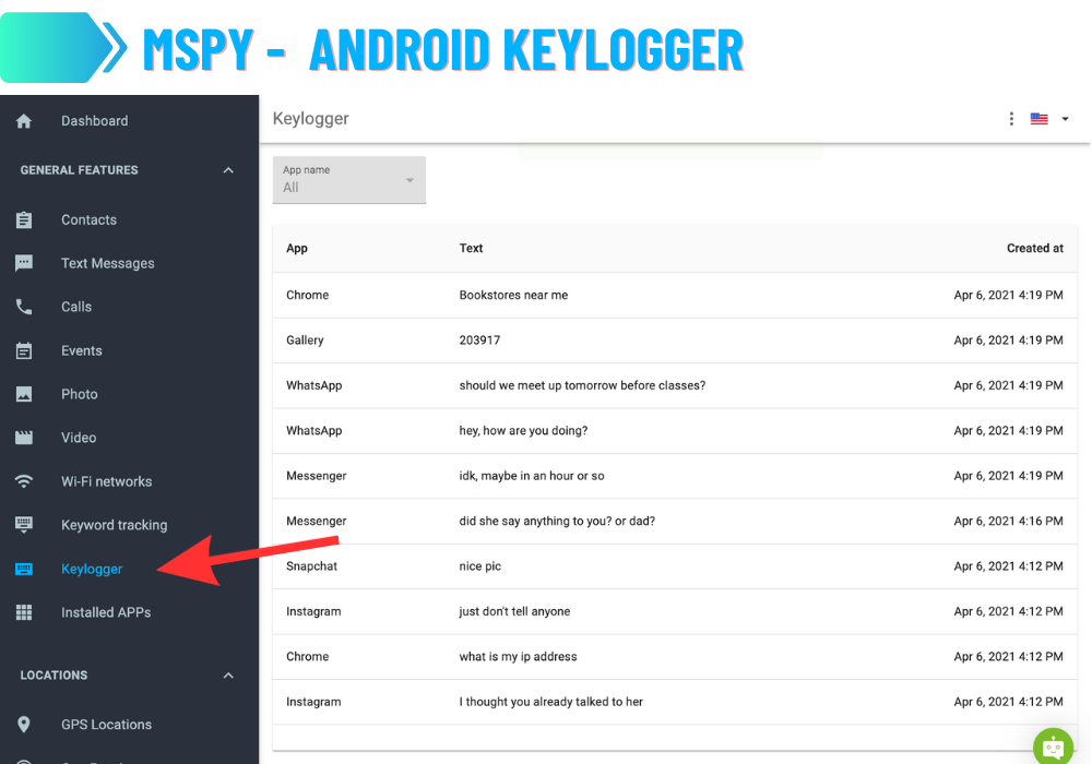 mspy - Android Keylogger - Avaimenlukija